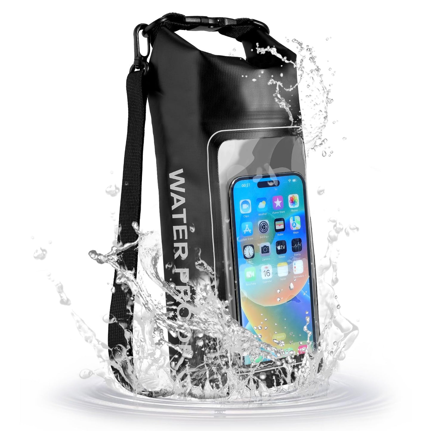 HUGSEE Waterproof Dry Bag Beach Phone Bag 2L Roll Top Waterproof Backpack w/Phone Case/Pouch Lightweight Dry Storage Bag for Travel Swimming Boating Kayaking Camping Beach Fishing Rafting Black