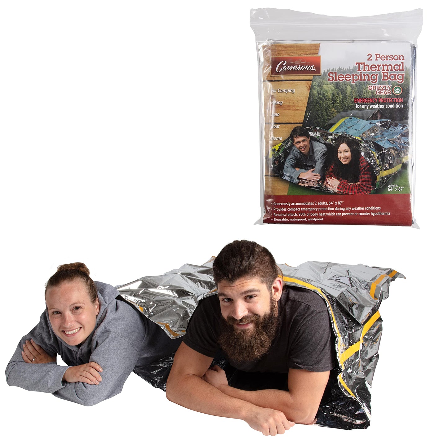 Emergency Extra Large Thermal Sleeping Bag (Accommodates 2 Adults)- XL 84" x 36" NASA Mylar Waterproof Heat Retaining Survival Tent- for Hiking Camping Car and More